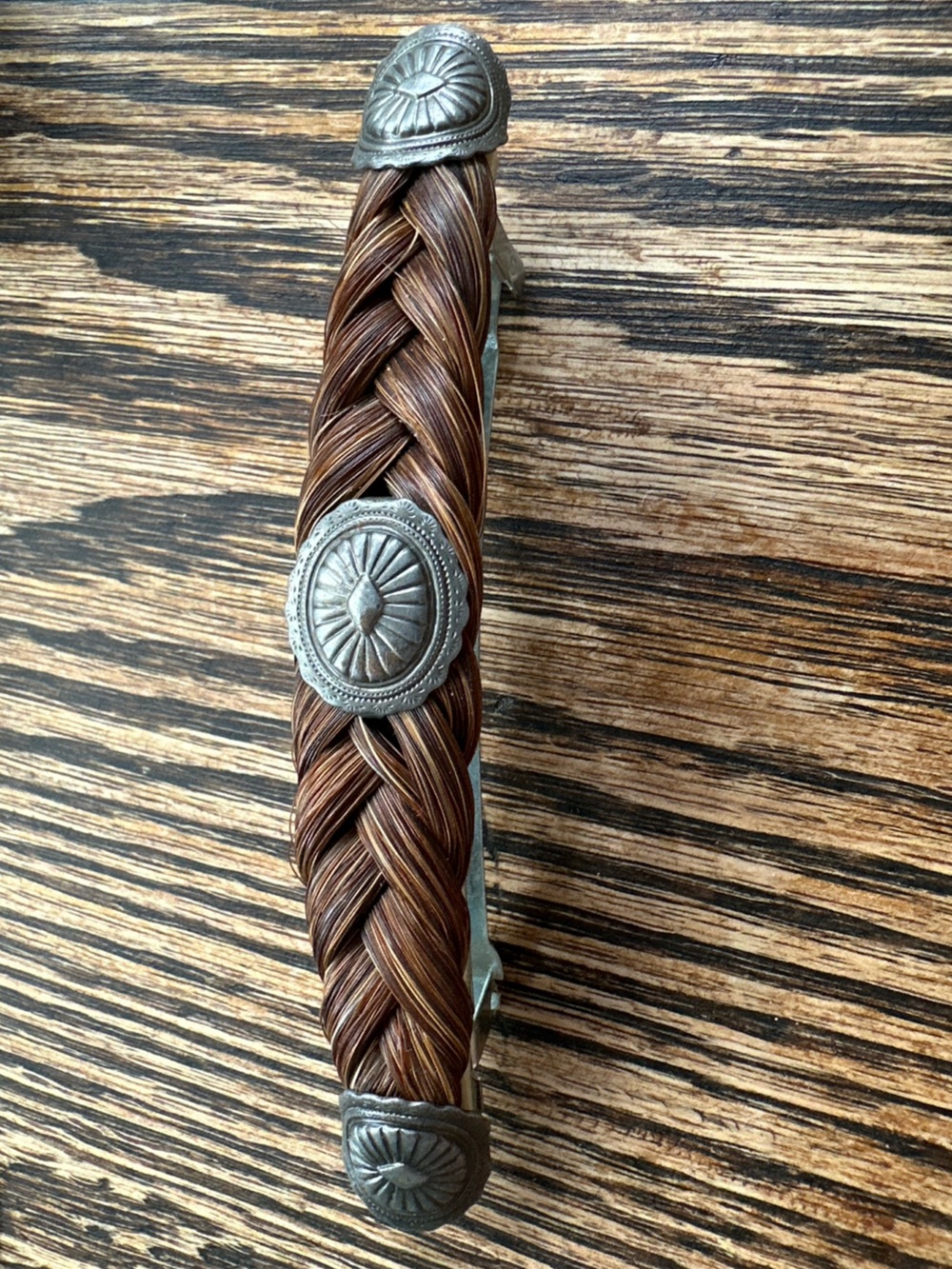 Braided Horse Hair Brown Hair Barrette with Conchos